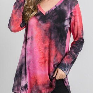 B7 LONG SLEEVE V NECK TIE DYE TOP PLUS SIZE Pink  NEW